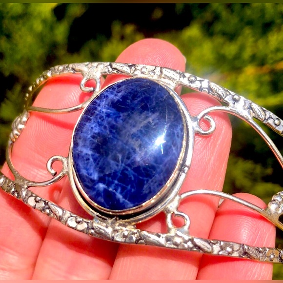 Sterling Silver Polished Blue Lapis Cabochon Cuff Bracelet - Picture 1 of 6